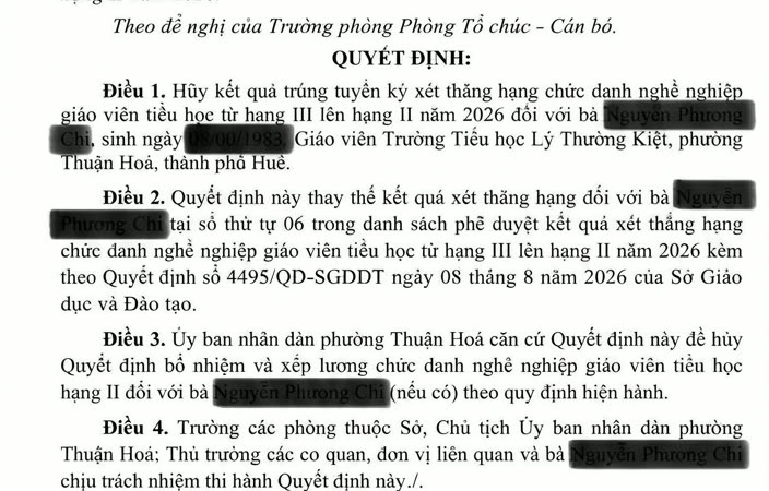 Cô giáo ở Huế bị huỷ kết quả thăng hạng vì nhầm lẫn «bằng khen» với chứng nhận dạy giỏi